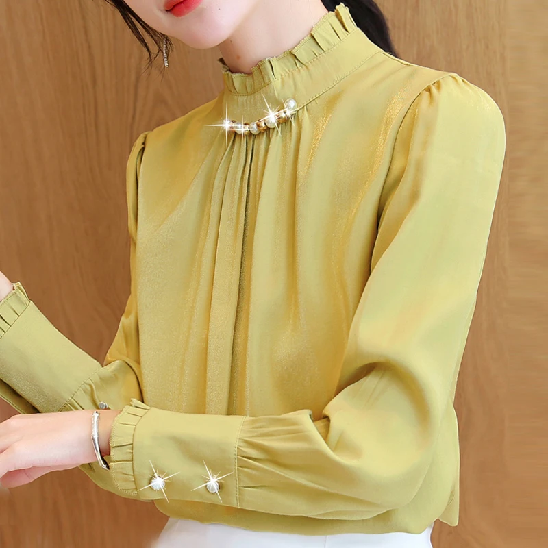 

Long Sleeve Blouse Women Blusas Mujer De Moda 2021 Beading Stand Collar Chiffon Blouse Shirt Blusa Women Tops Women Clothing