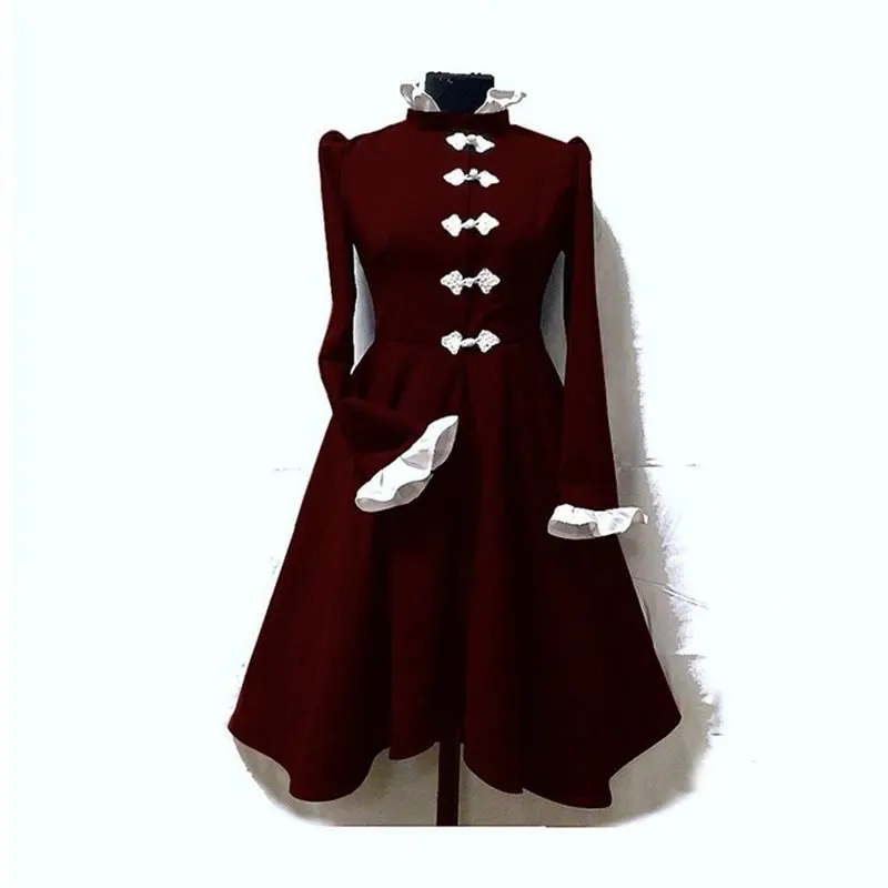 Готическое осеннее черное платье женское зимнее со стоячим воротником и