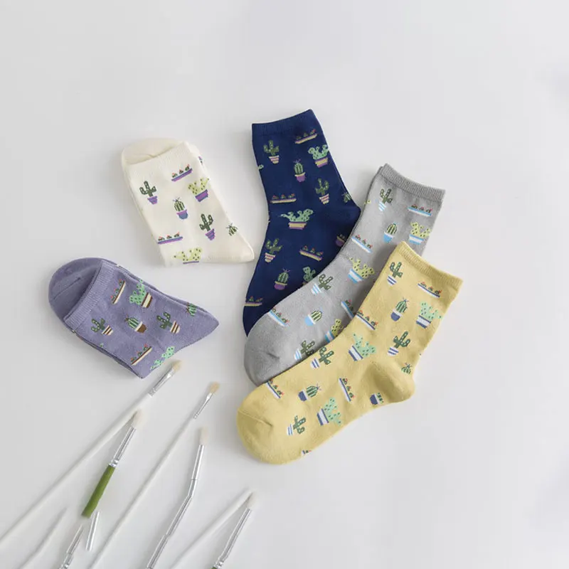 Кактус Забавные милые кавайные женские носки белые фиолетовые мягкие цветные 5