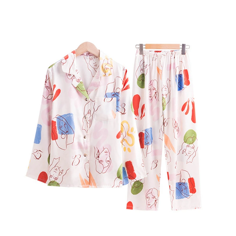 

New style pajamas women silky long-sleeve Korean ins printing two-piece suit home service sexy nightgown pijamas women 2020
