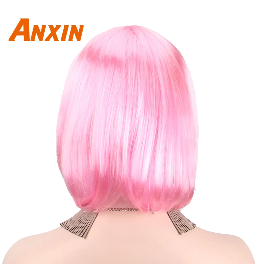 Женский короткий парик Anxin розовый с челкой для косплея костюмов на Хэллоуин