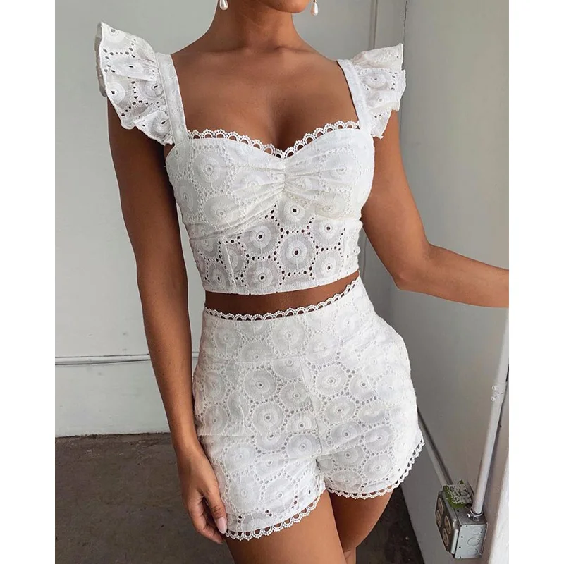 

Женский костюм с вышивкой и оборками, летний костюм из топа и шорт с ушками