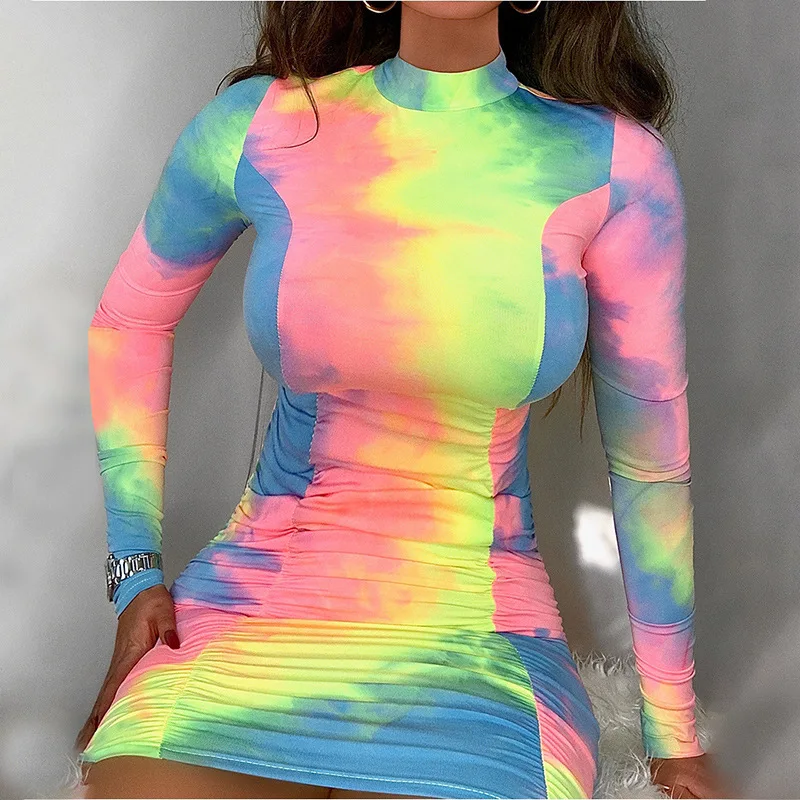 

Kiss Me Tie Dye Print Ruched Bodycon Midi Dress Women Clothes Autumn Long Sleeve O Neck Multi-Colored Sexy Tight Draped Dresses