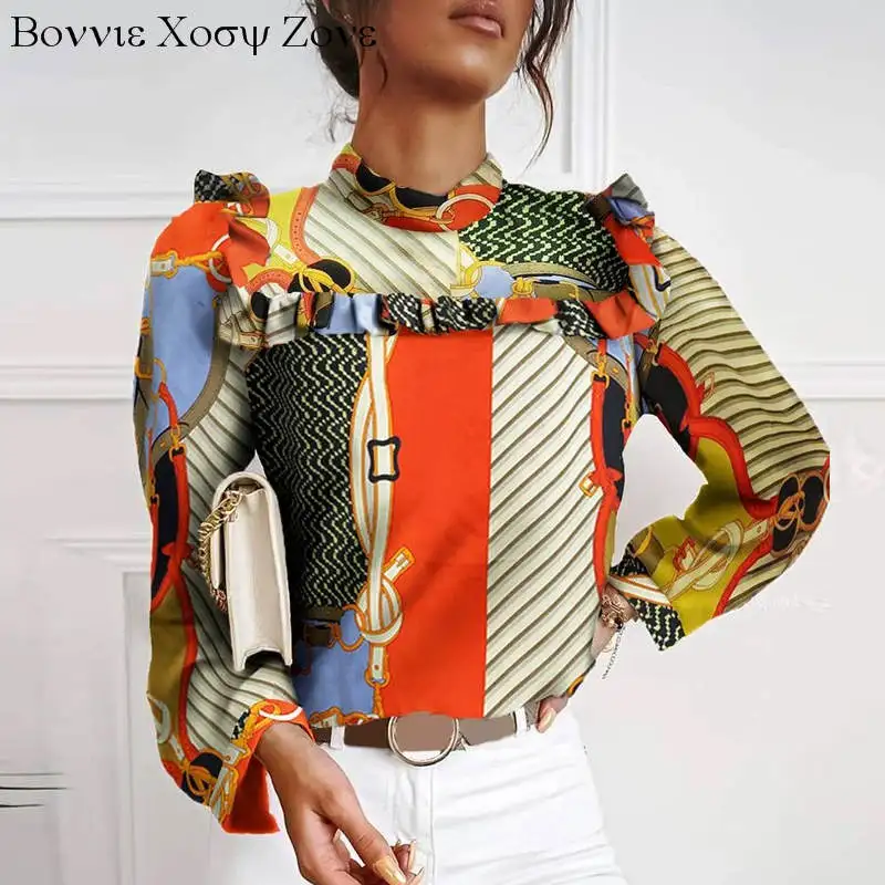 Women Colorblock Chains Scarf Print Ruffles Cutout Long Sleeve Tops Fall Workwear