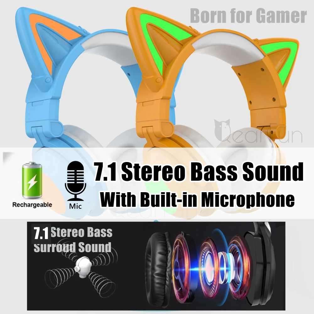 Girls Cat Wireless Headphones with Microphone Stereo Bass Cute Kid RGB Music Phone Bluetooth Headset Gamer Woman Set LED Colors |