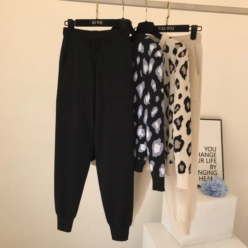 

Streetwear leopard printed knit two peice suit women long sleeve O-Neck sweater tops + solid color harem pants casual tracksuit