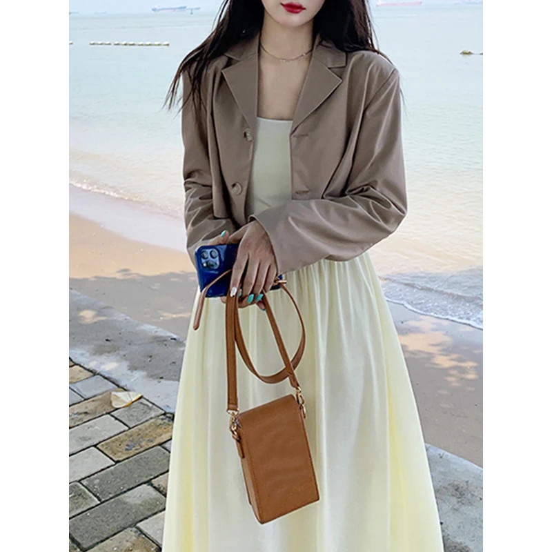 

Женское элегантное платье миди, корейское модное милое платье на бретелях и дизайнерский винтажный Блейзер, комплект из 2 предметов, вечерн...