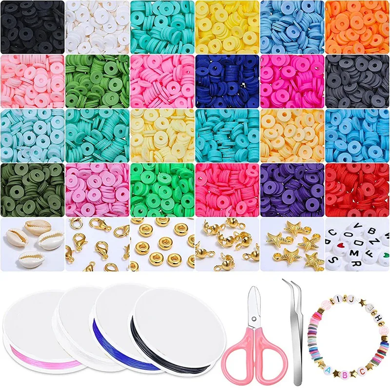 

Clay Bead Making Kit 24 Color 6mm Flat Round Polymer Clay Gasket Beads Jewelry Making Craft Kit with Letter Bead Pendant