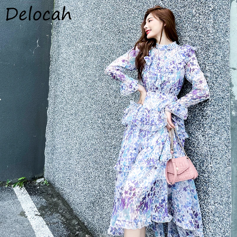 

Delocah новые 2021 осенние женские модные взлетно-посадочной полосы вечерние шифоновое платье с расклешенными рукавами великолепный оборками э...
