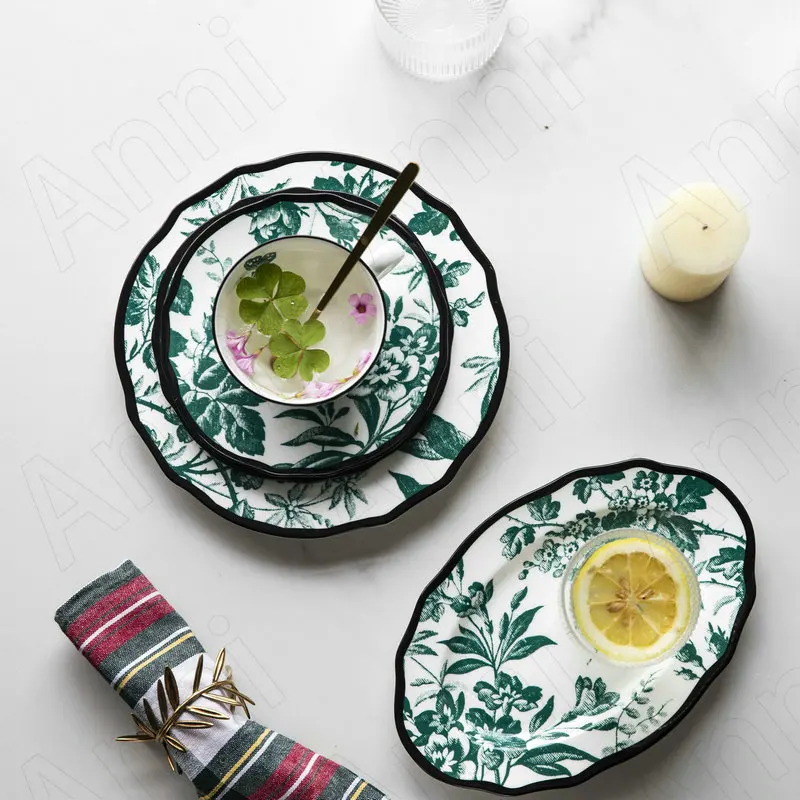 

European Ceramic Plate Hand Painted Flowers Decorative Fruit Salad Plates Afternoon Tea Coffee Cup Set Home Kitchen Accessories