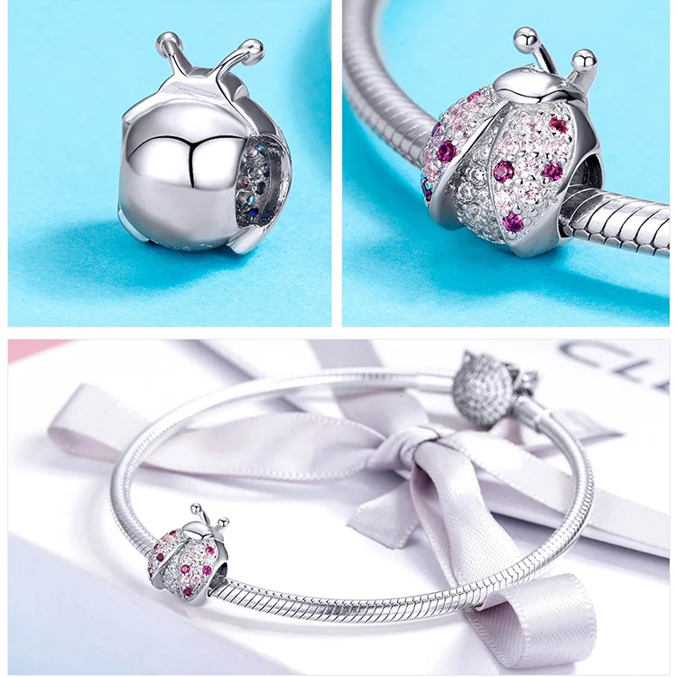 Fit Pandora браслет Шарм розовый циркон бусины «божья коровка» 925 стерлингового серебра Женщина Подвеска для изготовления ожерелья Лидер продаж
