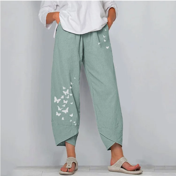 

WEPBEL Spring Summer Casual Loose Butterfly Printed Pants Women's High Waist Solid Color Irregular Wide Leg Ankle-Length Pants