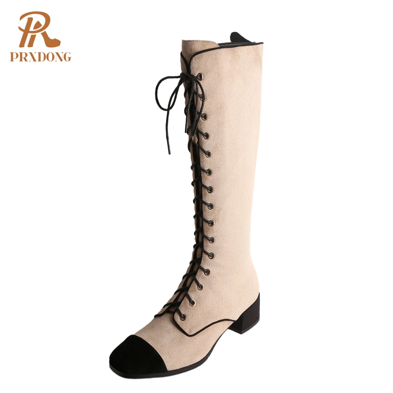 

Ankle/Knee-High Boots Lace-up Back Zipper Flock Women Shoes Casual Thick High Heel Apricot Black Female Ladies Shoes Woman Boots