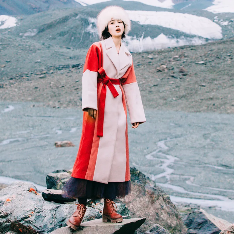 

Oversize Women Outerwear 2020 Runway Autumn Winter Wool Patchwork Bow Casual Turn Down Collar Loose Wool Coat