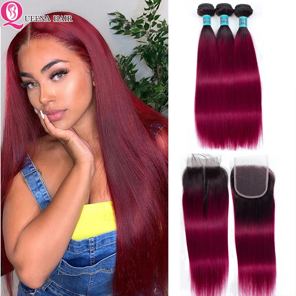 1B бордовый пряди с закрытием прямые волосы пучки человеческих волос Ombre