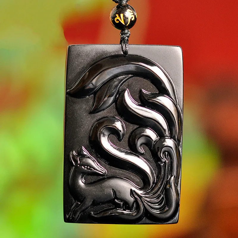 

Carved Black Obsidian Nine-Tailed Fox Jade Pendant Necklace Chinese Fashion Charm Jewelry Accessories Amulet for Men Women Gifts