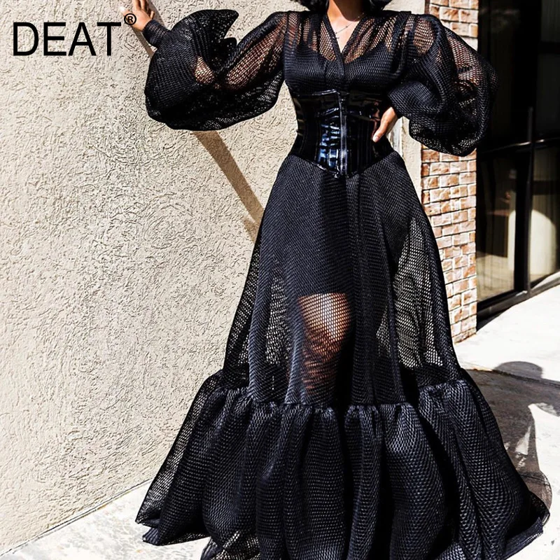 Женское Прозрачное платье-труба DEAT длинное платье с рукавами-фонариками