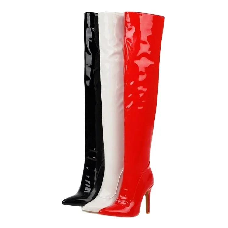 

high big Patent Leather slim New Style Sexy Knee High Boots red pointed thin