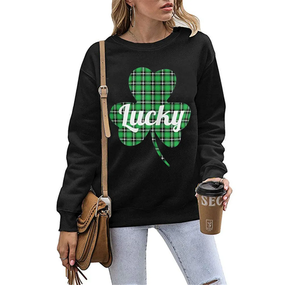 

St Patricks Day Crewneck Sweatshirt Women Lucky Clover Plaid Print Long Sleeve Oversized Hoodie Jumper Female 2020 Streetwear