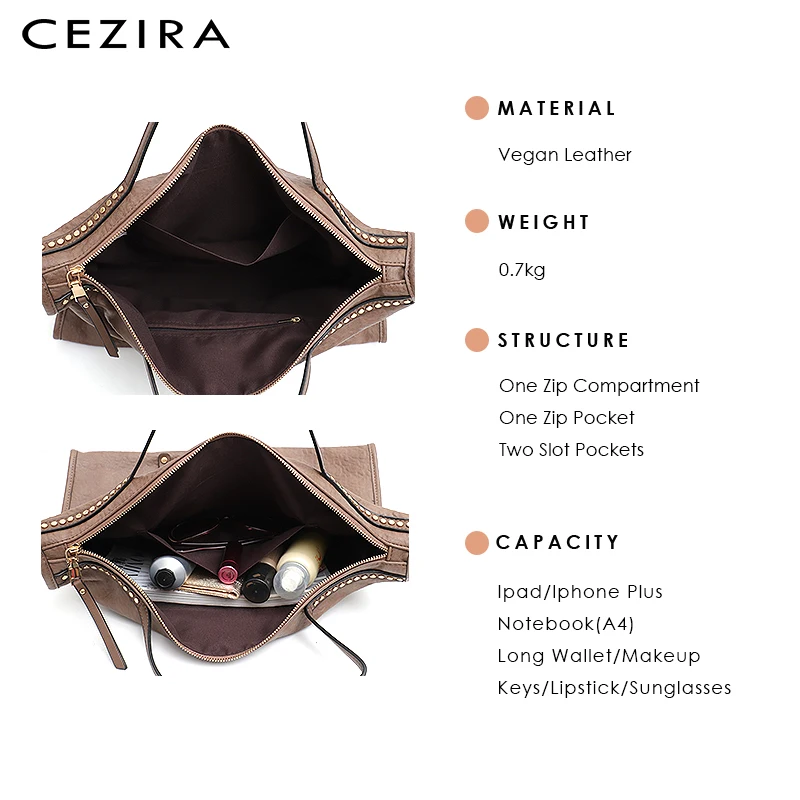 CEZIRA дизайнерский бренд большой Для женщин Tote Сумка Мода заклепки сумки женские