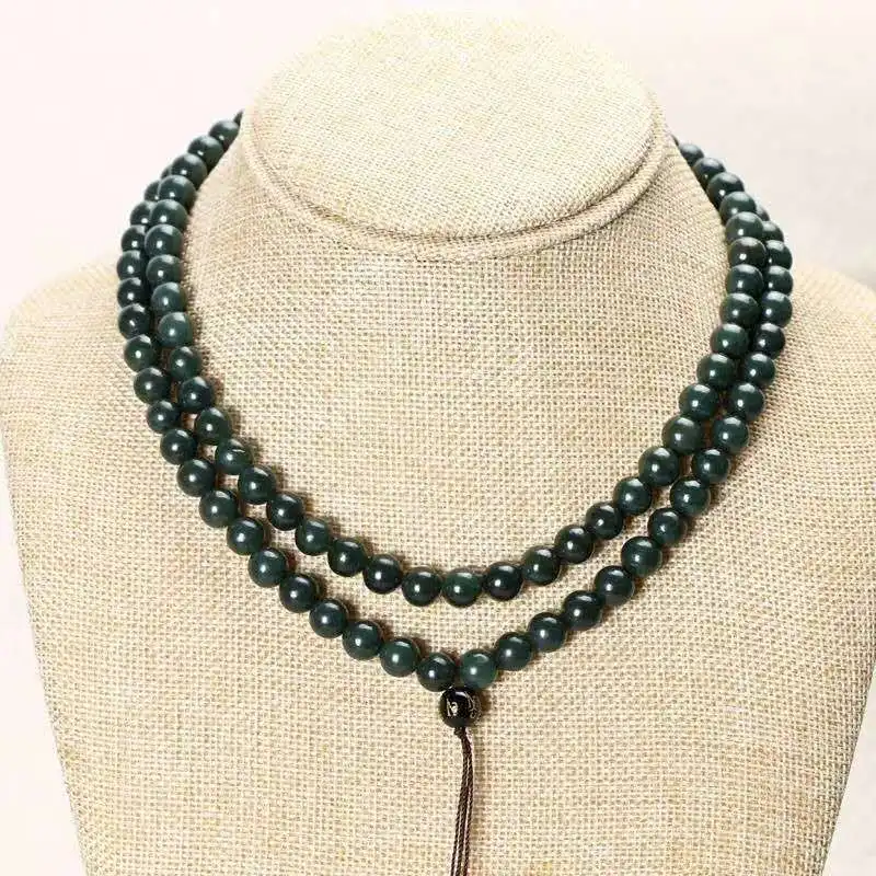 

Natural Hetian Jade Beaded Necklace Men Women Real Chinese Xinjiang Green Jades 108 Bead Mala Nephrite Buddha Beads Necklaces