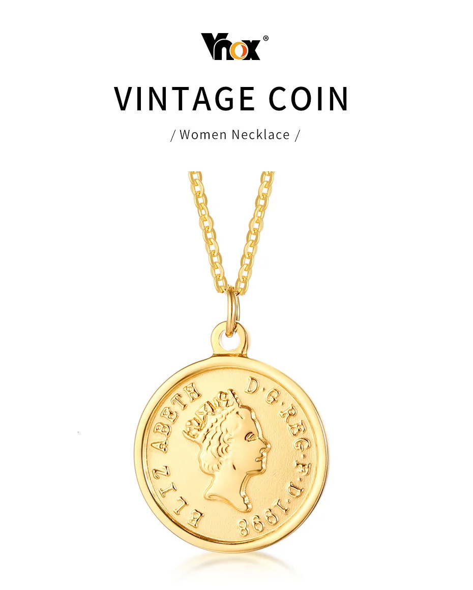 Vnox British Queen Elizabeth Coin Necklaces for Women Gold Tone Stainless Steel Adjustable Length Chic Necklace Dropship