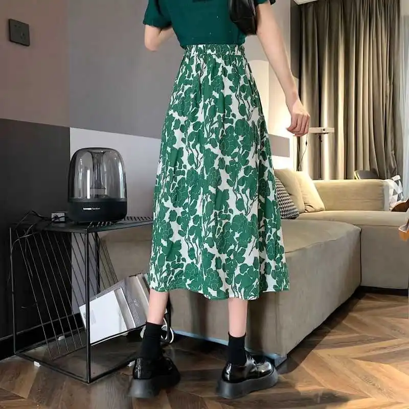 

2021 summer new Korean Retro High Waist umbrella skirt women's mid length skirt women's crotch covered long skirt