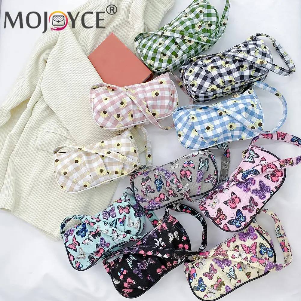 

Vintage Butterfly Plaid Daisy Printing Small Handbags Women Fashion Canvas Pleated Shoulder Underarm Bag Travel Zipper Purse