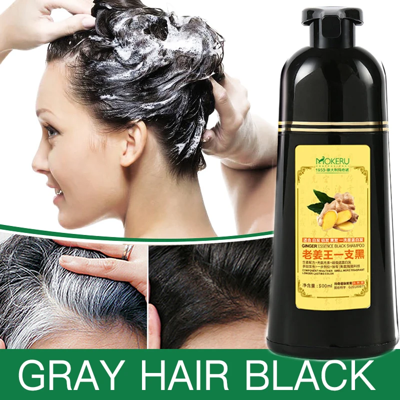 Mokeru 500ml Natural 5 Minutes Fast Dyeing Black Long Lasting Permanent Ginger Black Hair Dye Shampoo For Coloring Gray Hair