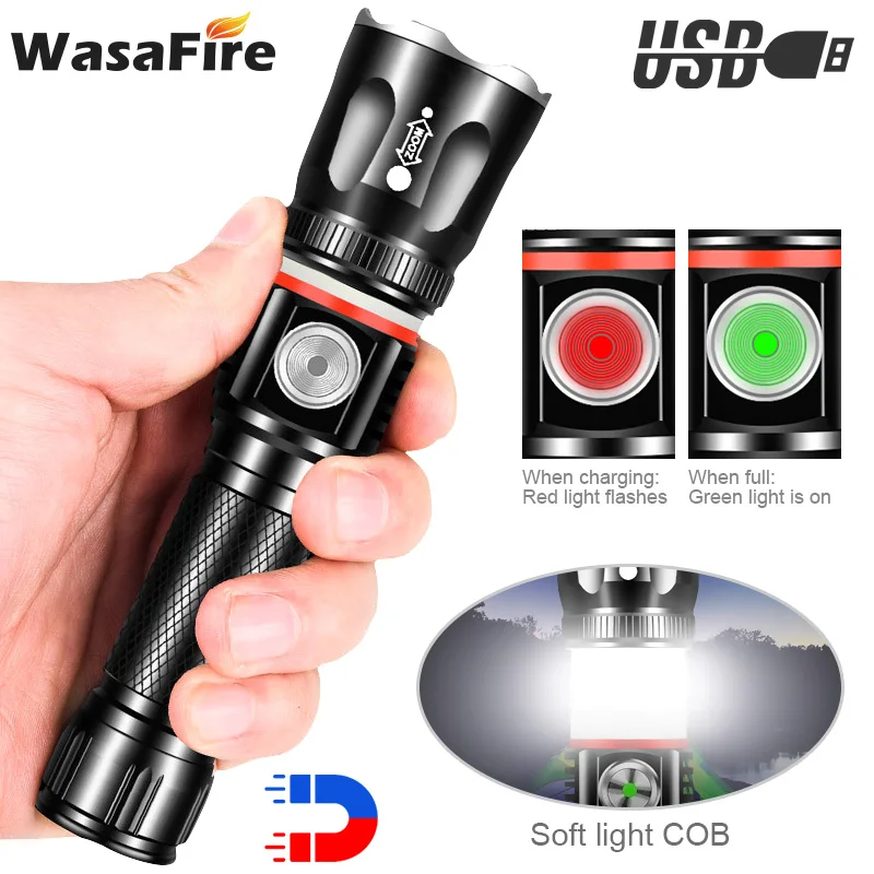 

XML L2 USB Charging LED flashlight COB Lamp + Tail Magnet Design Waterproof Zoom 4 Modes Torch Portable Camping Hunting Lantern