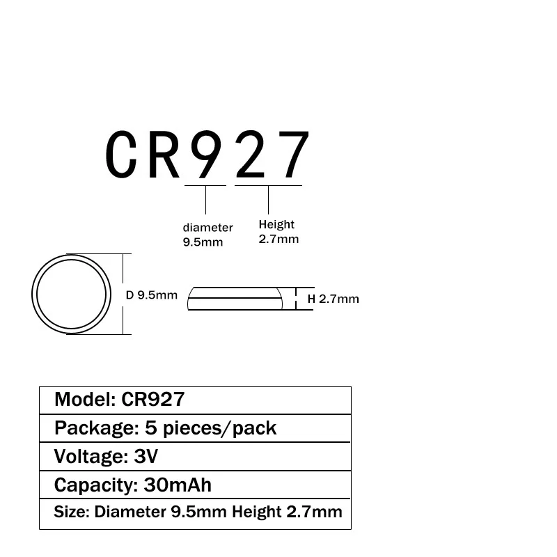 

200pcs=40Card 30mAh CR927 3V Button Coin Cells Battery 927 BR927 DL927 CR927-1W ECR927 5011LC LM927 KCR927 Batteries For Watch