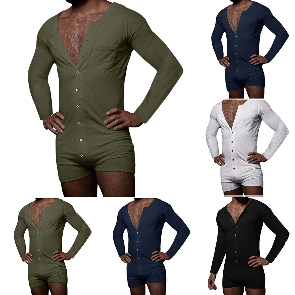 

Homewear Onesie Men Sleepwear Solid Color Long Sleeve Buttons V Neck Sports Short Romper Casual Slim Gym Playsuit