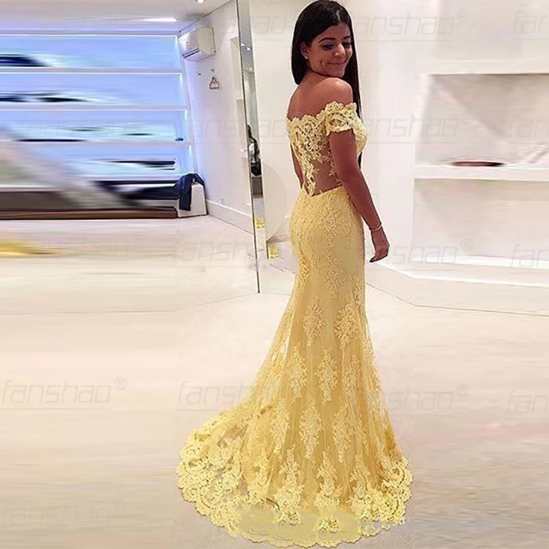 Желтые кружевные вечерние платья с аппликацией и юбкой годе сексуальные без