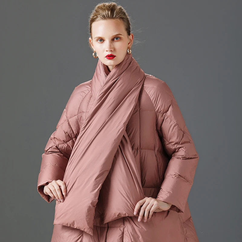 

Rose Women Waterproof Coats Dusty Argyle Pockets Large Outwear Long Oversized Scarf Stand Collar White Duck Down Clothes