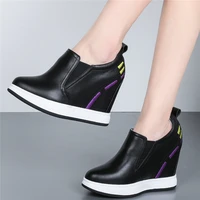 11cm high heel fashion sneakers women genuine leather wedges ankle boots female round toe platform oxfords shoes casual shoes