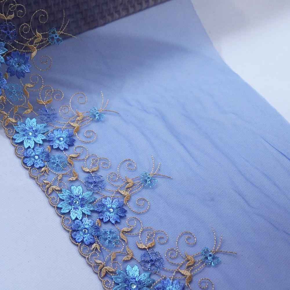 1meter 22cm Wide Blue Mesh flowers with Rhinestone embroidered lace trim Lingerie bra Dress Sleeve decoration DIY Lace Fabrics | Дом и сад
