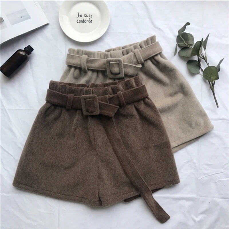 Шерстяные плотные женские свободные весенние шорты с поясом широкие эластичным