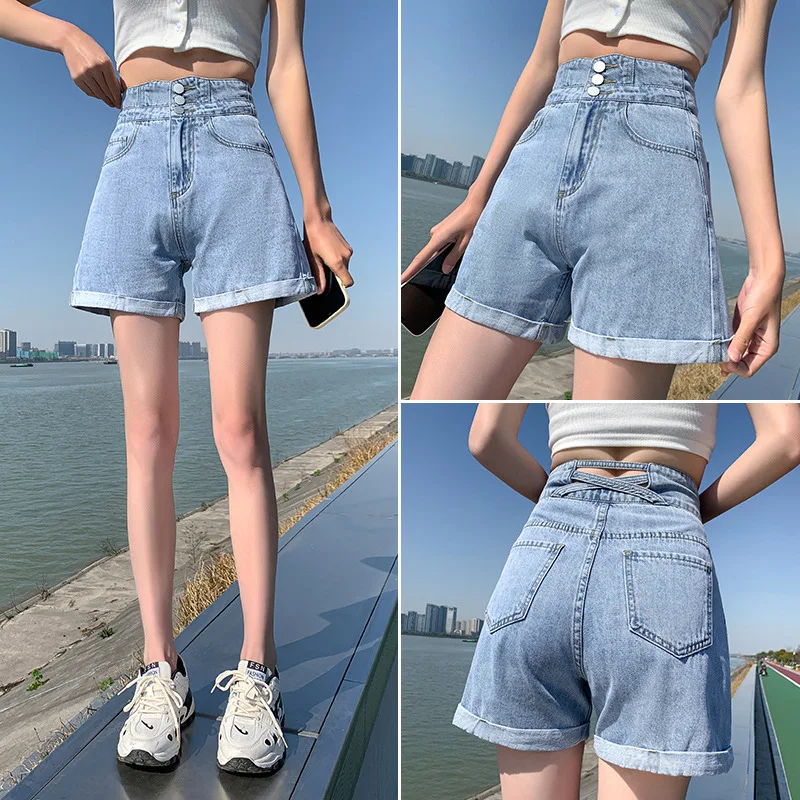 

High waist slim denim shorts 3 button loose shorts A-line wide-leg jeans light blue white shorts summer female denim shorts