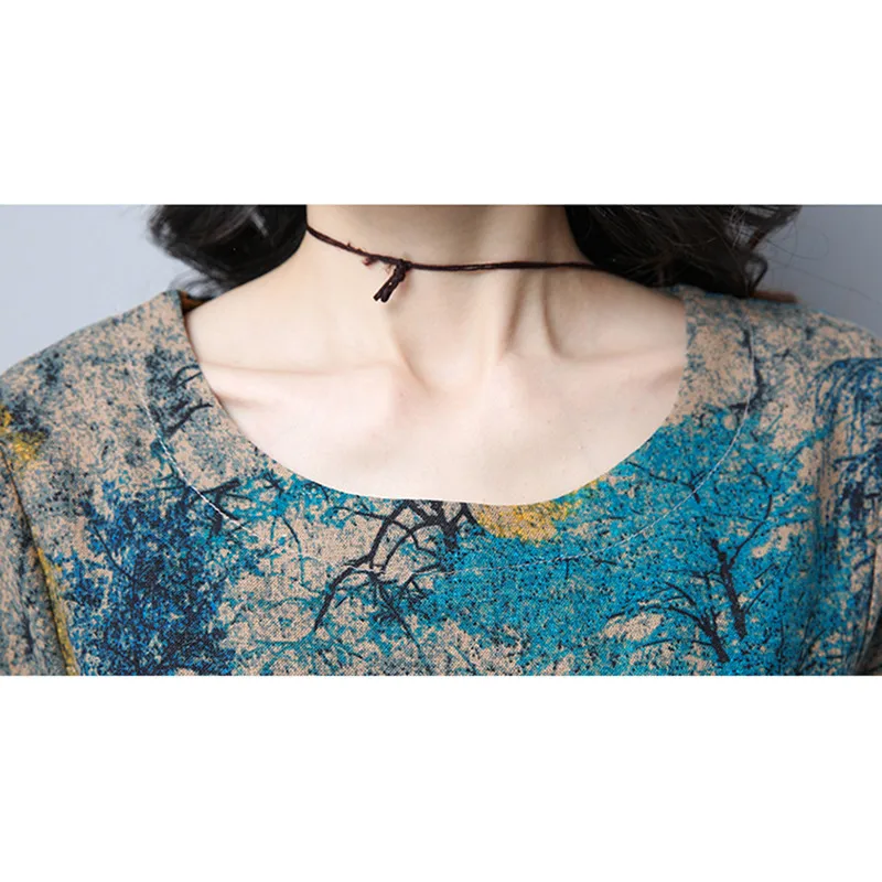 Женское хлопковое льняное платье винтажное пляжное с принтом свободное