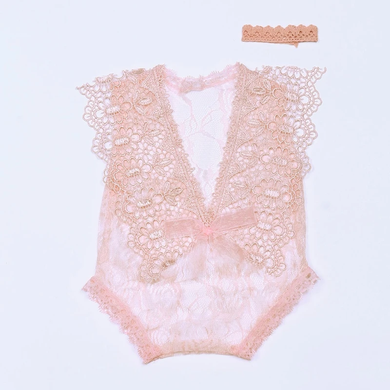 

Newborn Photography Props Baby Crown Headband Lace Hollow out Romper Bodysuits U50F