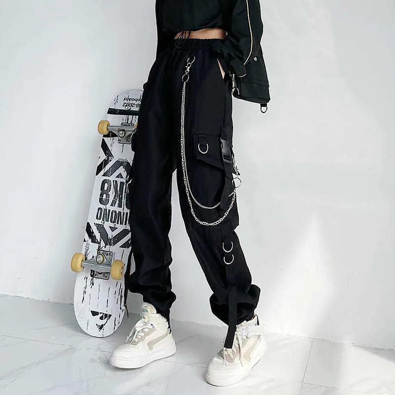 

Women Cargo Pants Sweatpants With Chain Harajuku Hip Hop Adjustable Hollow Out Strap Trousers Elastics High Waist Streetwear