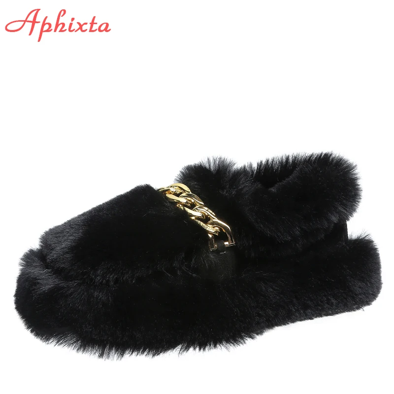 

Aphixta 2022 Bling Chain Winter Fur Flats Women Shoes Luxury Warm Plush Hand Stitching Furry Platform Women Slip-on Hair Flats