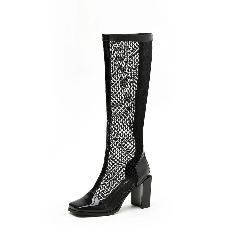 

White Boots Women New Rock Shoes Summer Mesh Knee High Boots Fashion Back Zipper High Heel Long Boots Low Heels Damen Schuhe