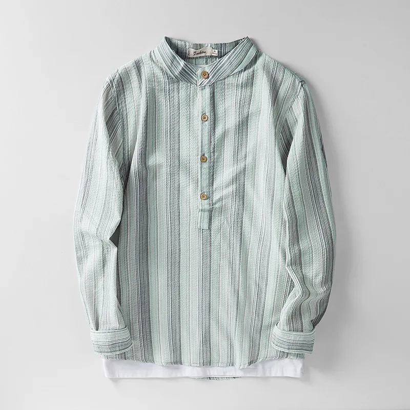 

2020 autumn new linen cotton shirt men breathable comfortable Striped Pullover