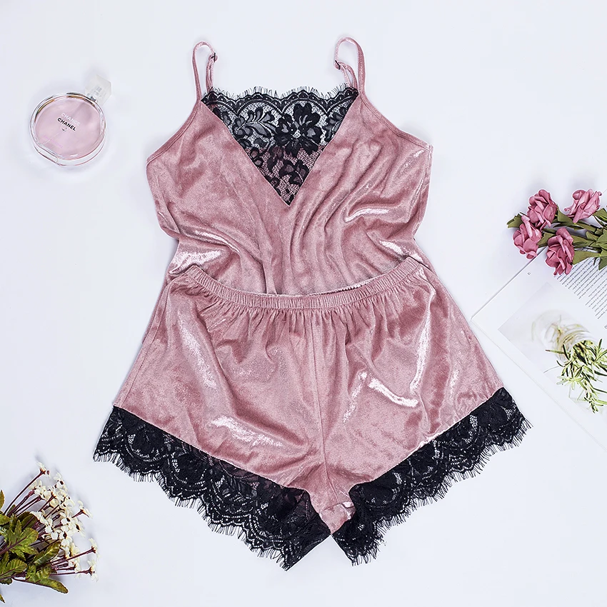 Suphis розовый пижамный комплект Женская кружевная Пижама женские бархатные
