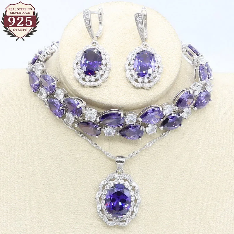 Роскошный Фиолетовый Циркон 925 Серебряный набор украшений для женщин цветной