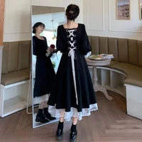 vintage french clothes france black and white lace women dress waist bandage tie cross women dresses fashion ruffles vestidos