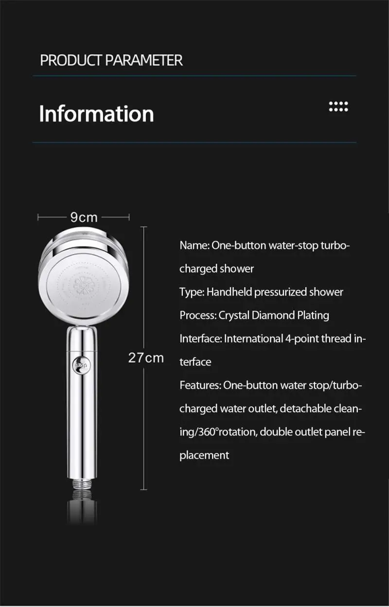 

Adjustable Jetting Turbocharged Shower 8K Mirror Magic Small Waist Water Stop Shaking Head Shower Saving Water Bathroom