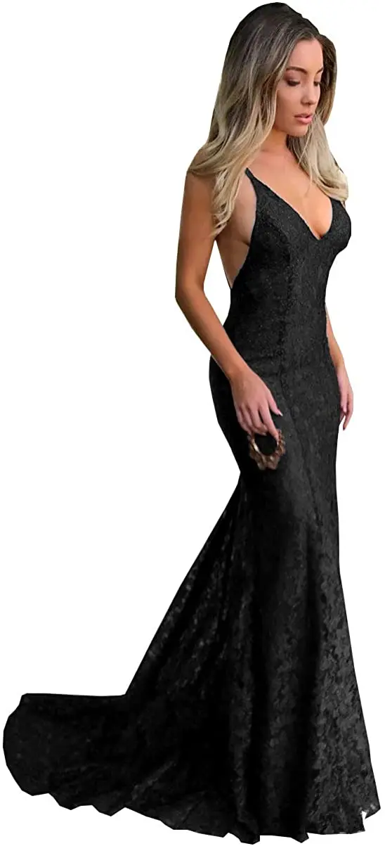

Women's Mermaid V-Neck Lace Prom Dress Long Open Back Sweep Train Formal Evening Party Gown Prom Dresses with Sparkles