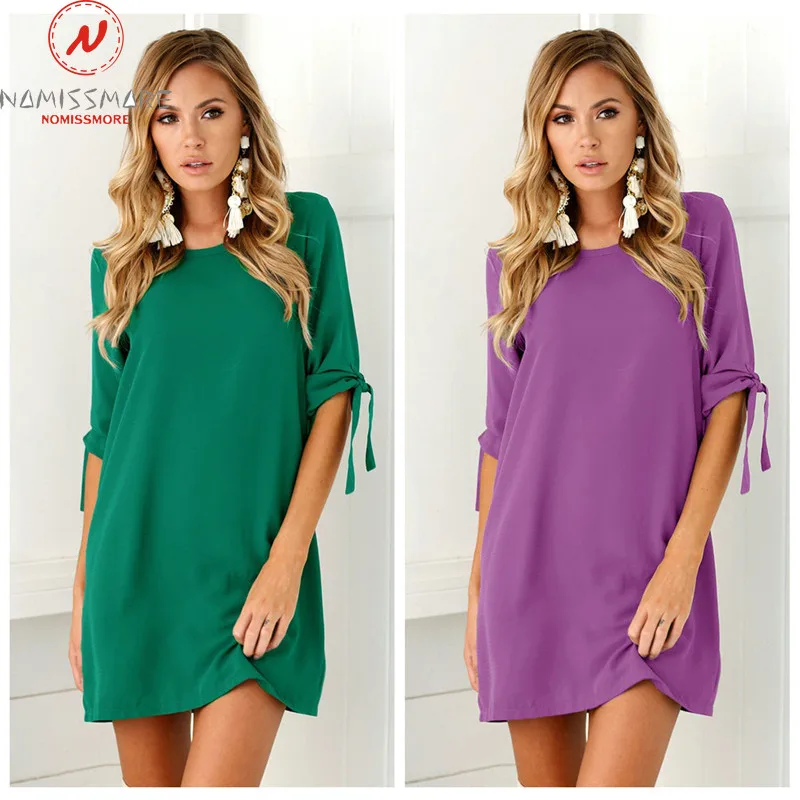 Женское свободное платье с круглым вырезом повседневное однотонное мини